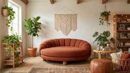Round Sofa, Terracotta Boucle Couch, Circular Daybed Sofa Small Living Room, Boho Curved Channel Back Handmade Furniture Gift - thumbnail 1