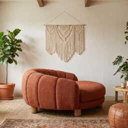 Round Sofa, Terracotta Boucle Couch, Circular Daybed Sofa Small Living Room, Boho Curved Channel Back Handmade Furniture Gift - thumbnail 3