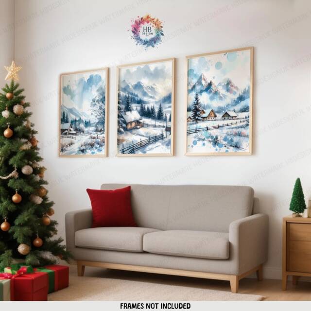 Christmas Scenery Wall Art - Set Of 3 Posters - Snowy Forest Prints Merry Xmas Winter Scene Artwork A4 A3 Watercolour Decor - image 1