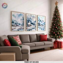 Christmas Scenery Wall Art - Set Of 3 Posters - Snowy Forest Prints Merry Xmas Winter Scene Artwork A4 A3 Watercolour Decor - thumbnail 2