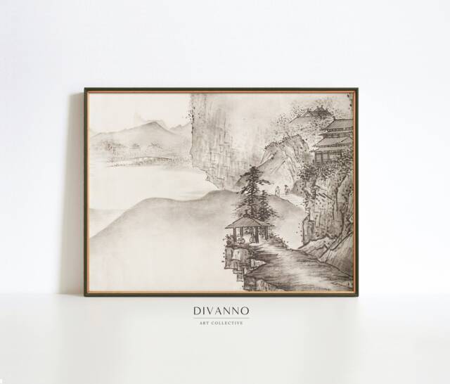 Japanese Mountain Village Wall Art, Japan Traditional Landscape Poster, Ink Painting Canvas, Printable Gift, Minimalist Home Office Decor - image 1