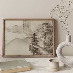 Japanese Mountain Village Wall Art, Japan Traditional Landscape Poster, Ink Painting Canvas, Printable Gift, Minimalist Home Office Decor - thumbnail 3