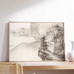 Japanese Mountain Village Wall Art, Japan Traditional Landscape Poster, Ink Painting Canvas, Printable Gift, Minimalist Home Office Decor - thumbnail 2