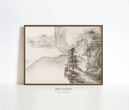 Japanese Mountain Village Wall Art, Japan Traditional Landscape Poster, Ink Painting Canvas, Printable Gift, Minimalist Home Office Decor - thumbnail 1
