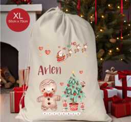 Personalised Xl Canvas Drawstring Christmas Sack/stocking.. Rustic Gingerbread Santa Tree Xmas Present Sack Gift Bag - thumbnail 1