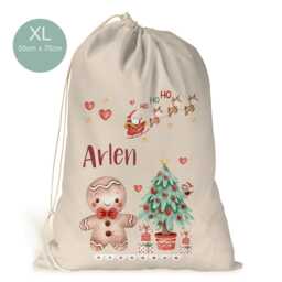 Personalised Xl Canvas Drawstring Christmas Sack/stocking.. Rustic Gingerbread Santa Tree Xmas Present Sack Gift Bag - thumbnail 2