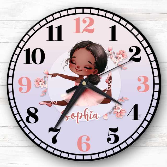 Girls Dark Skin Ballet Dancer Personalised Gift For Kid's Bedroom Clock - Kids Clock, Children's , Custom Wall - image 1
