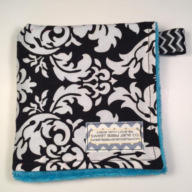 Damask Minky Lovie Navy Blue Baby Blanket With Ribbon Loop - image 1