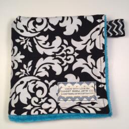Damask Minky Lovie Navy Blue Baby Blanket With Ribbon Loop