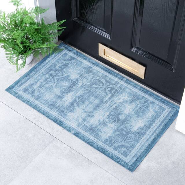 Faded Blue Persian Style Indoor & Outdoor Doormat - Long Lasting Welcome Door Mat Easy To Clean Anti-Slip No Shed Front 70x40cm - image 1