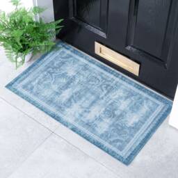 Faded Blue Persian Style Indoor & Outdoor Doormat - Long Lasting Welcome Door Mat Easy To Clean Anti-Slip No Shed Front 70x40cm