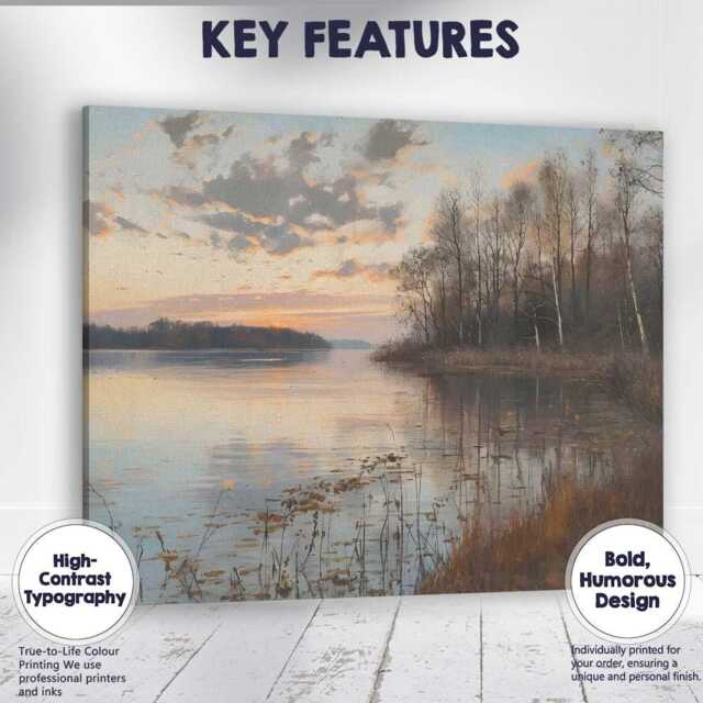 Tranquil Lakeside Sunset Reflection With Bare Woodland Trees Canvas Wall Art Print Decor Picture Ready To Hang - image 1