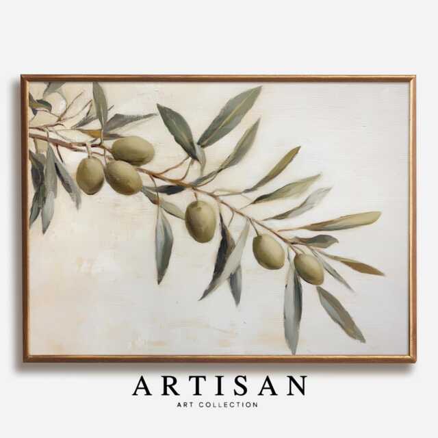 Olive Branch Kitchen Wall Art Print, Neutral Mediterranean Botanical Poster, Rustic Farmhouse Dining Room Decor, Horizontal - image 1