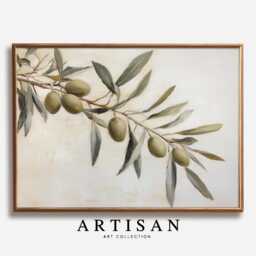 Olive Branch Kitchen Wall Art Print, Neutral Mediterranean Botanical Poster, Rustic Farmhouse Dining Room Decor, Horizontal - thumbnail 1