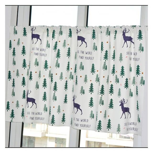 Reindeer Pine Tree Cafe Curtain, Winter Forest Valance - image 1