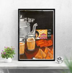 Chai Samosa Parle G Biscuit Painting, Wall Art, Dining Decor, Kitchen Decor, Ready To Hang Painting, Indian Food Art, Tea , Indian Snacks