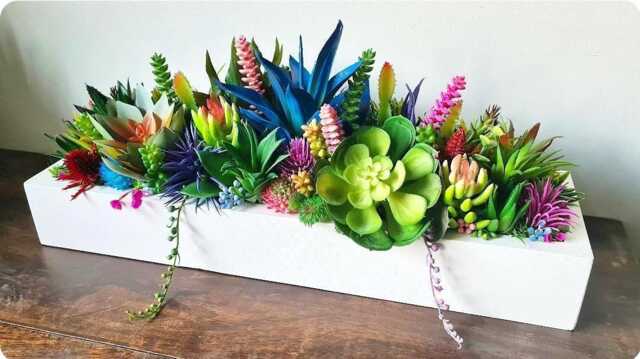 Faux Succulent Planter Artificial Foliage Wooden Centrepiece, Natural Modern Home Decor - image 1
