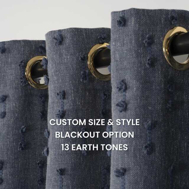 Navy Blue Pom Curtains - Custom Linen Look Drapes With Blackout Option - image 1