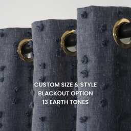 Navy Blue Pom Curtains - Custom Linen Look Drapes With Blackout Option - thumbnail 1