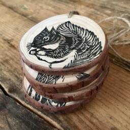 One Christmas Animal Printed On A Wood Slice, Hand Printed, Original Design - thumbnail 2