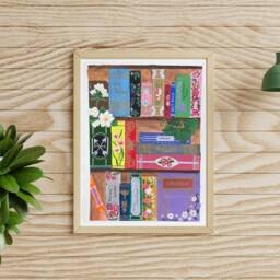 Floral Bookshelf Watercolor Painting Nature Inspired Library Wall Art - thumbnail 1
