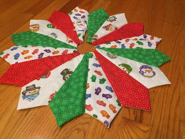 Christmas Tree Skirt, 26 Inch Diameter, Table Top, Mini, Snowman, Small, Juvenile Print, Red, Green, Quilted - image 1