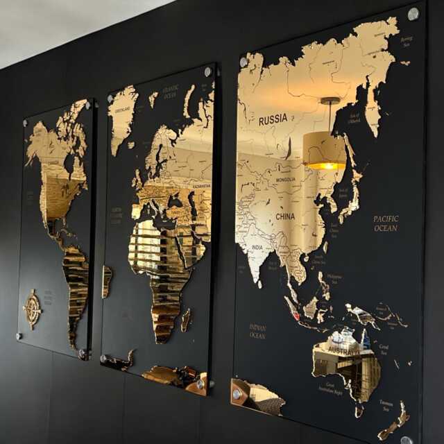 Spectacular Feature Wall Art Gold World Map, Wood Map Apartment Decor, Travel Gift, 3 Piece Art, New Home Size S-xxl - image 1
