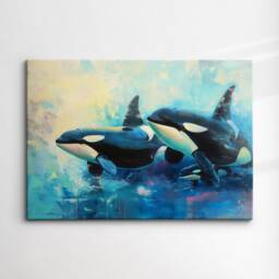 Orcas Whales Animal Abstract Oil Painting Colourful Paint Splatter Style Wall Art Framed Canvas Poster Print, Home/Office Room Decor - thumbnail 3