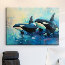 Orcas Whales Animal Abstract Oil Painting Colourful Paint Splatter Style Wall Art Framed Canvas Poster Print, Home/Office Room Decor - thumbnail 1