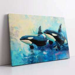 Orcas Whales Animal Abstract Oil Painting Colourful Paint Splatter Style Wall Art Framed Canvas Poster Print, Home/Office Room Decor - thumbnail 2