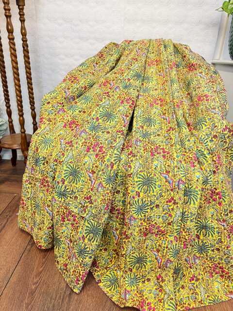 Kantha Stitch Pure Cotton Reversible Bed/Sofa Throw King Size - Handmade Handprinted Floral Dohar Tropical Exotic Yellow Gardenia Butterfly - image 1