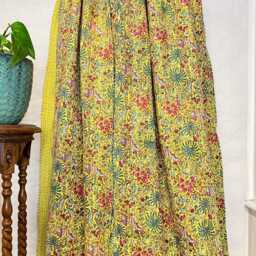Kantha Stitch Pure Cotton Reversible Bed/Sofa Throw King Size - Handmade Handprinted Floral Dohar Tropical Exotic Yellow Gardenia Butterfly - thumbnail 3
