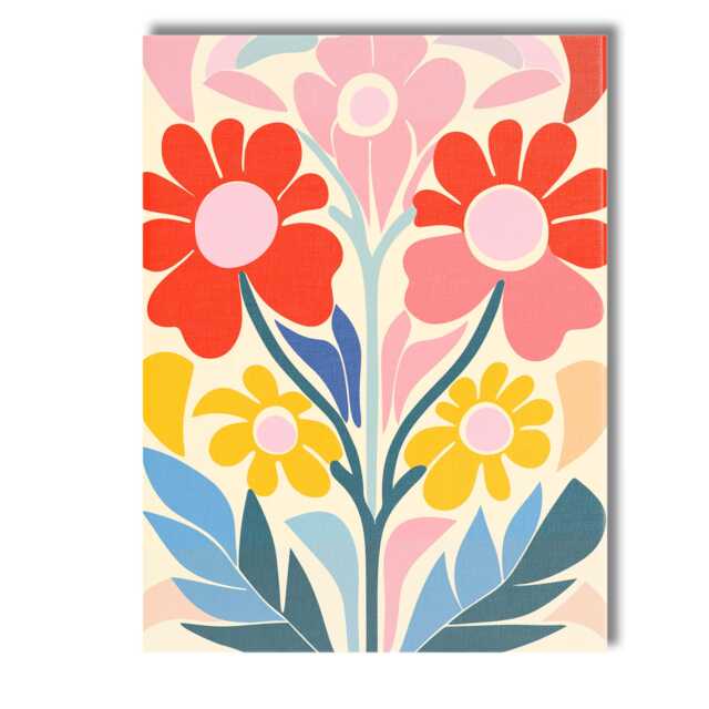 Scandinavian Folk Art Floral Bouquet in Coral Pink & Mustard Tones Canvas Wall Print Decor Picture Ready To Hang - image 1