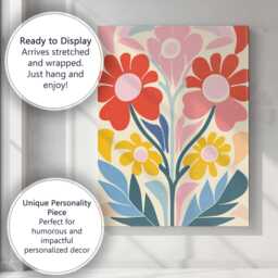 Scandinavian Folk Art Floral Bouquet in Coral Pink & Mustard Tones Canvas Wall Print Decor Picture Ready To Hang - thumbnail 3