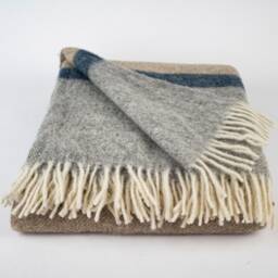 Beige - Blue - Gray Striped Wool Blanket Vintage Style Throw - thumbnail 2