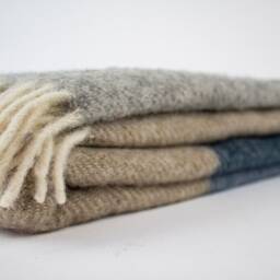 Beige - Blue - Gray Striped Wool Blanket Vintage Style Throw - thumbnail 3