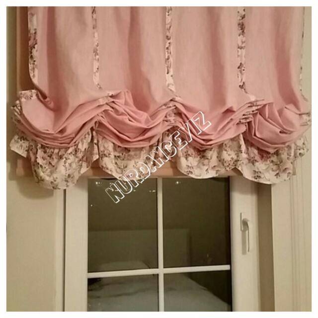 Pink Linen Balloon Valance - Floral Ruffle, French Country Style - image 1