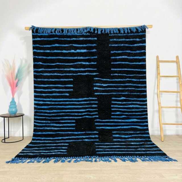 Moroccan Black & Blue Berber Rug, Handwoven Wool Shag Rug With Abstract Lines, Authentic Beni Ourain Style Carpet, Large 9x12 Area - image 1
