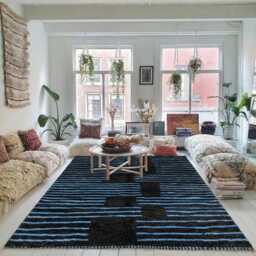Moroccan Black & Blue Berber Rug, Handwoven Wool Shag Rug With Abstract Lines, Authentic Beni Ourain Style Carpet, Large 9x12 Area - thumbnail 3