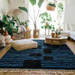 Moroccan Black & Blue Berber Rug, Handwoven Wool Shag Rug With Abstract Lines, Authentic Beni Ourain Style Carpet, Large 9x12 Area - thumbnail 2