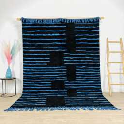 Moroccan Black & Blue Berber Rug, Handwoven Wool Shag Rug With Abstract Lines, Authentic Beni Ourain Style Carpet, Large 9x12 Area