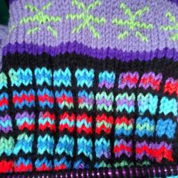 Hand Knit Christmas Stocking Turquoise Purple Red Blue Green Heartfelt Lime Snowflake Detail Stained Glass Style - thumbnail 2