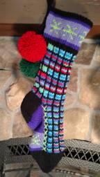 Hand Knit Christmas Stocking Turquoise Purple Red Blue Green Heartfelt Lime Snowflake Detail Stained Glass Style