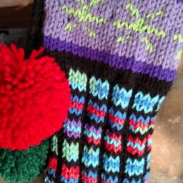 Hand Knit Christmas Stocking Turquoise Purple Red Blue Green Heartfelt Lime Snowflake Detail Stained Glass Style - thumbnail 4