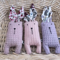 Handmade Bunny Rattle, Sensory Baby Toy, Newborn Gift, Oeko-Tex Waffle Cotton, Shower Present - thumbnail 3