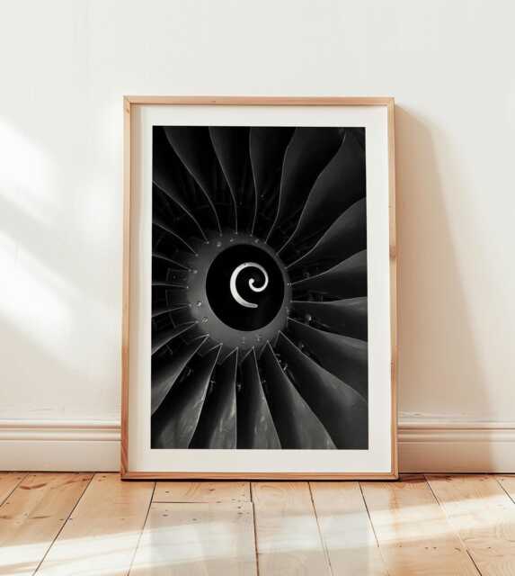 Black & White Jet Engine Turbine Poster Print, Minimalist Industrial Photography, Pilot Gift, Geometric Abstract Aviation Wall Art - image 1