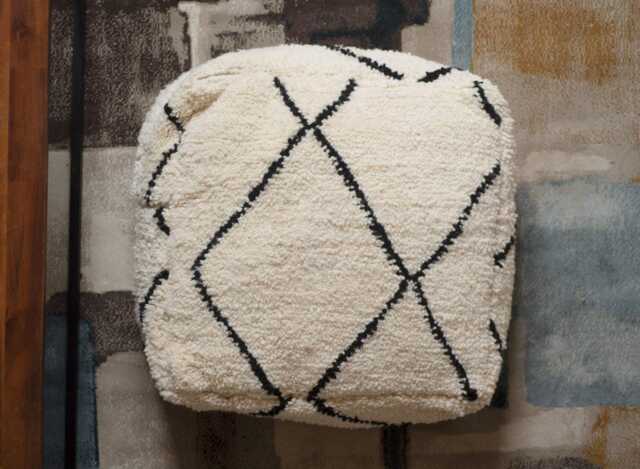 Handmade Moroccan Wool Pouf - Cream & Black Geometric Boho Berber Ottoman Modern Minimalist Deco - image 1