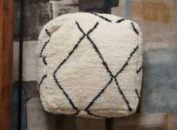Handmade Moroccan Wool Pouf - Cream & Black Geometric Boho Berber Ottoman Modern Minimalist Deco - thumbnail 1