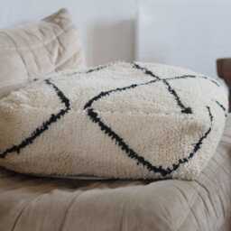 Handmade Moroccan Wool Pouf - Cream & Black Geometric Boho Berber Ottoman Modern Minimalist Deco - thumbnail 2