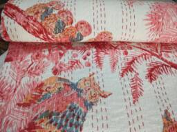 Owl Print Kantha Bedspread Indian Handmade Cotton Blanket - 90x108 Inch - thumbnail 1